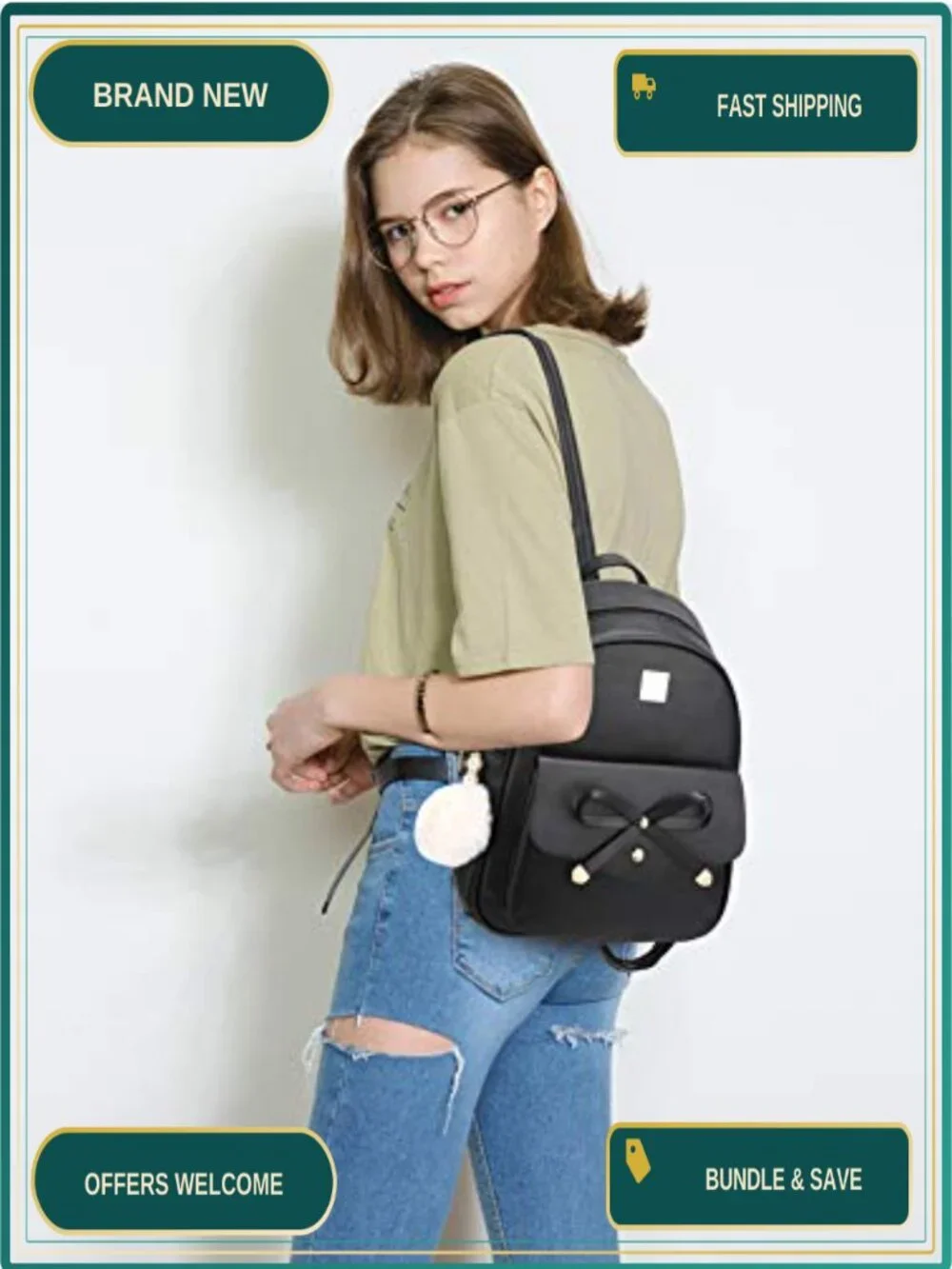 Faux Leather Bowknot 3-Piece Backpack Purse for Women Ladies Rucksack